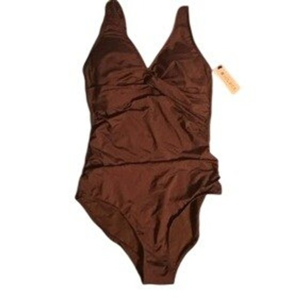 Holipick Womens Brown One Piece Swimsuit Ruched Twist Front V-Neck Size M NEW